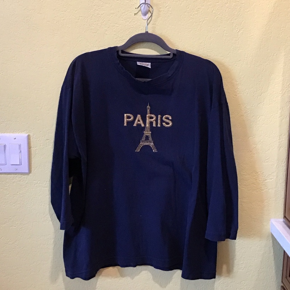 Fast Fashion vintage Navy shirt Paris tower chic gold threaded z14